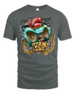 Hip Hop Boombox Graphic T-Shirt with Gold Chain Art - gray t-shirt on white background