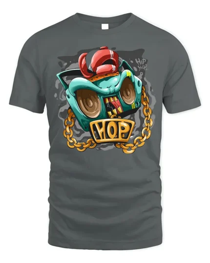 Hip Hop Boombox Graphic T-Shirt with Gold Chain Art - gray t-shirt on white background