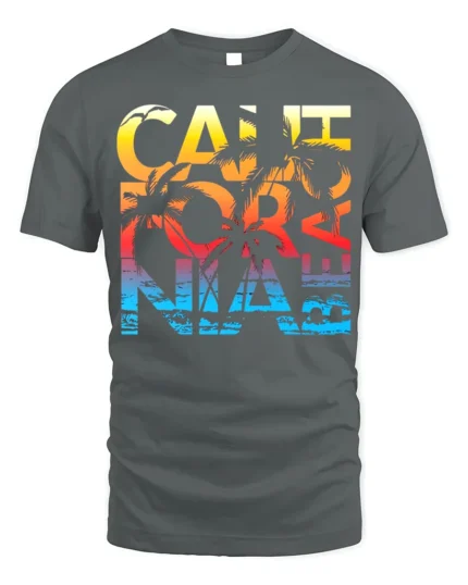 California Beach Sunset T-Shirt with Palm Tree Graphic - gray t-shirt on white background