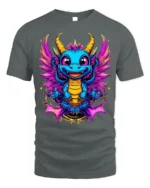 Cute Neon Baby Dragon T-Shirt with Colorful Wings Art - gray t-shirt on white background