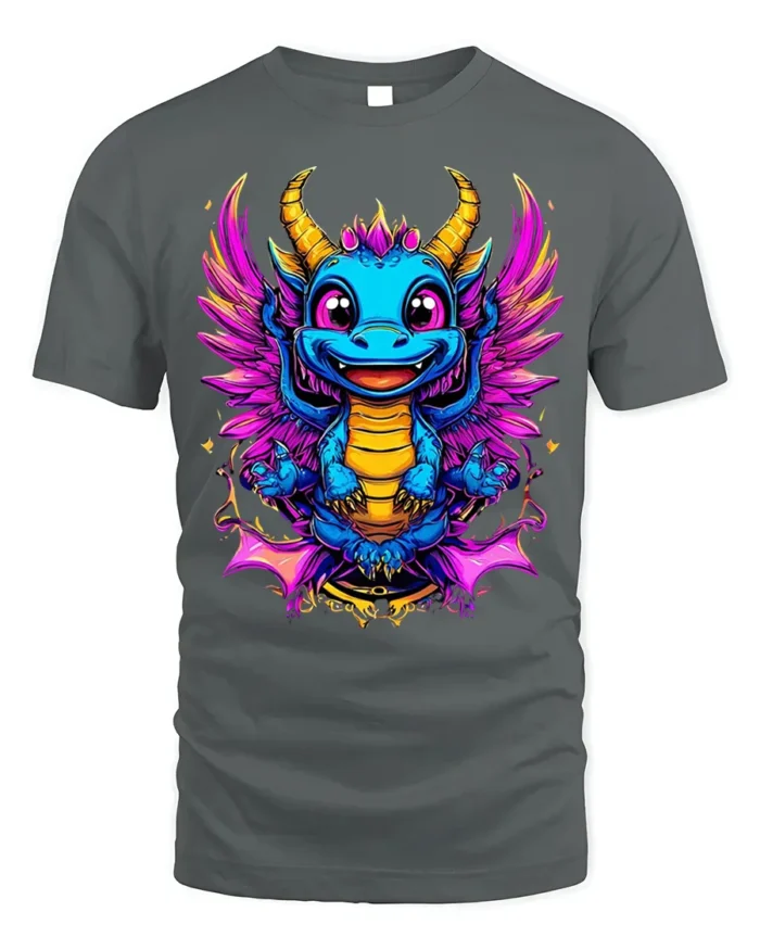 Cute Neon Baby Dragon T-Shirt with Colorful Wings Art - gray t-shirt on white background