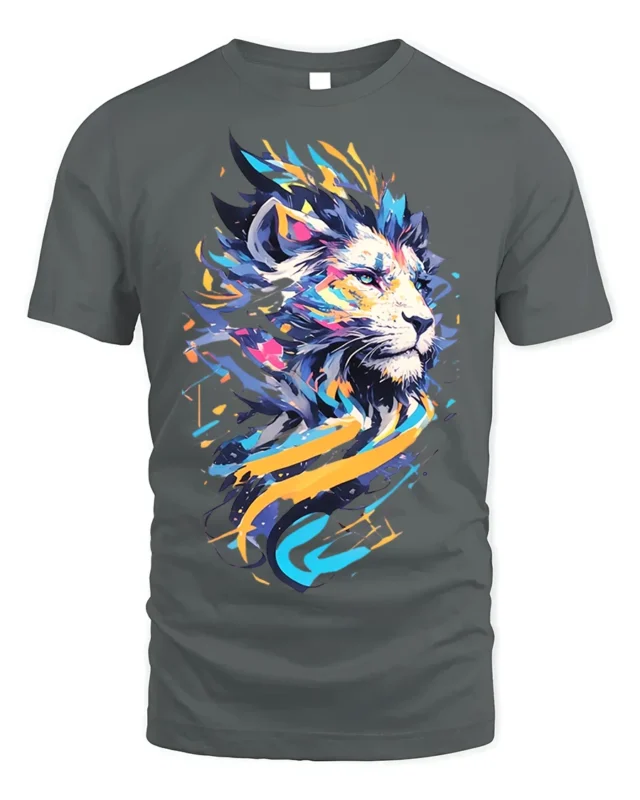 Abstract Neon Lion T-Shirt for Men Women Bold Art Print - gray t-shirt on white background