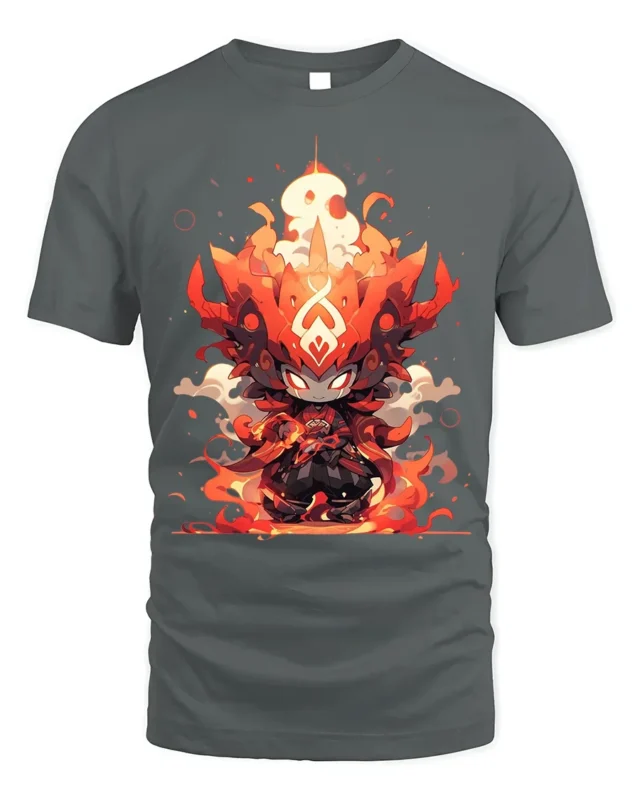 Fire Demon Chibi Warrior T-Shirt Anime Flame Art Design - gray t-shirt on white background