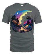Colorful Night Camping T-Shirt with Moon and Campfire Art - gray t-shirt on white background