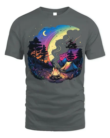 Colorful Night Camping T-Shirt with Moon and Campfire Art - gray t-shirt on white background