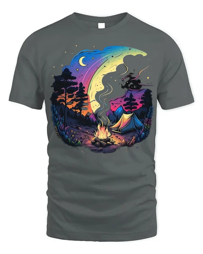 Colorful Night Camping T-Shirt with Moon and Campfire Art - gray t-shirt on white background