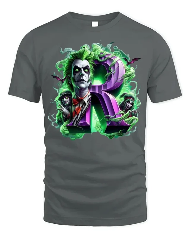 Green Haired Gothic Clown T-Shirt with Purple R Horror Art - gray t-shirt on white background