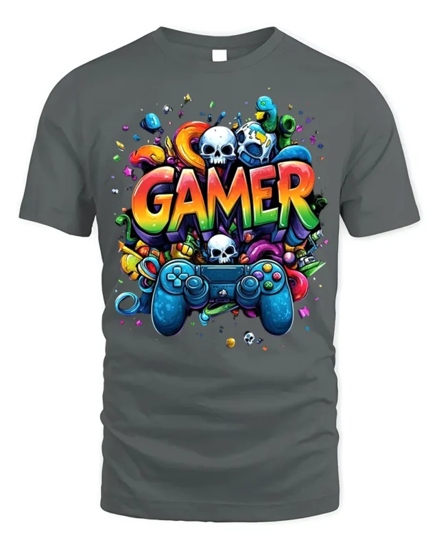Colorful Gamer T-Shirt with Controller and Skull Graphics - gray t-shirt on white background