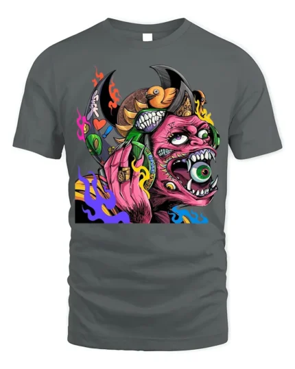 Psychedelic Monster T-Shirt with Eye-Popping Demon Art - gray t-shirt on white background