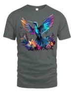 Vibrant Hummingbird and Flowers T-Shirt for Nature Lovers - gray t-shirt on white background