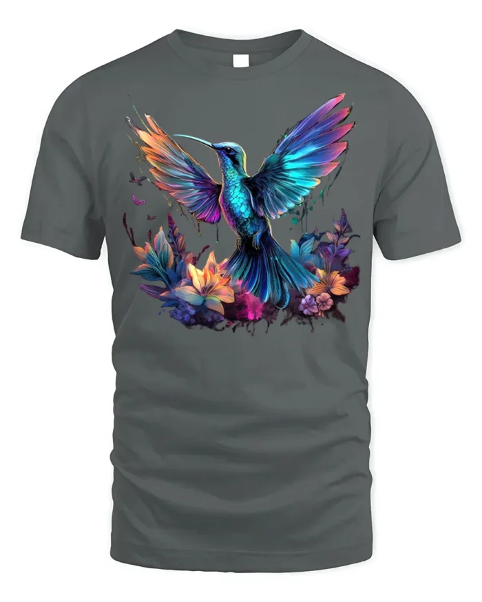 Vibrant Hummingbird and Flowers T-Shirt for Nature Lovers - gray t-shirt on white background