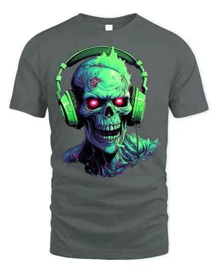 Neon Zombie Skull T-Shirt with Headphones Horror Design - gray t-shirt on white background