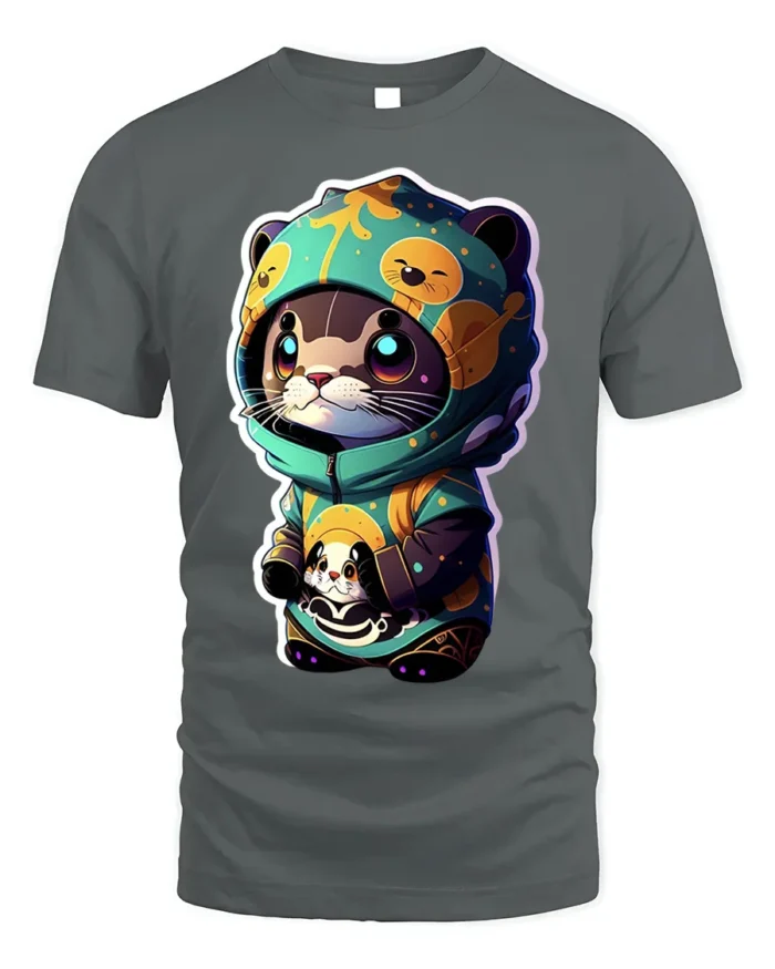 Cute Otter Hoodie T-Shirt with Cartoon Kawaii Animal Art - gray t-shirt on white background