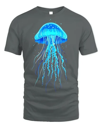 Glowing Blue Jellyfish T-Shirt for Ocean and Sea Lovers - gray t-shirt on white background