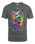 Rainbow Music Tree T-Shirt with Colorful Floral Notes - gray t-shirt on white background