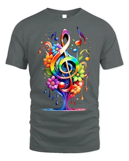 Rainbow Music Tree T-Shirt with Colorful Floral Notes - gray t-shirt on white background