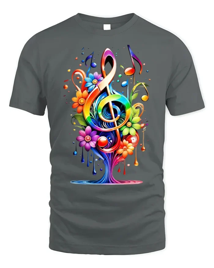 Rainbow Music Tree T-Shirt with Colorful Floral Notes - gray t-shirt on white background