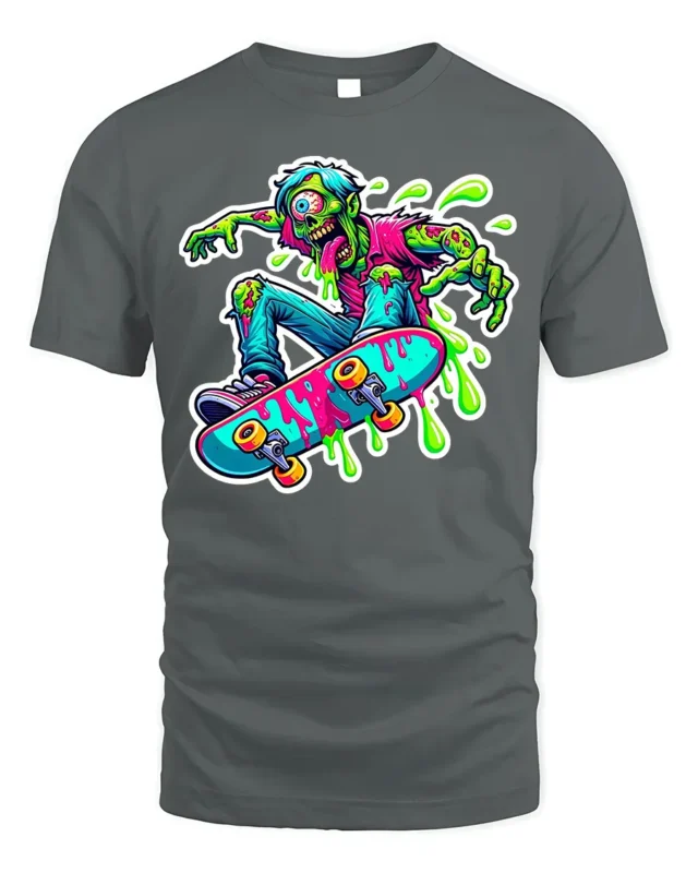 Zombie Skater T-Shirt with Neon Colors and Slime Graphic - gray t-shirt on white background