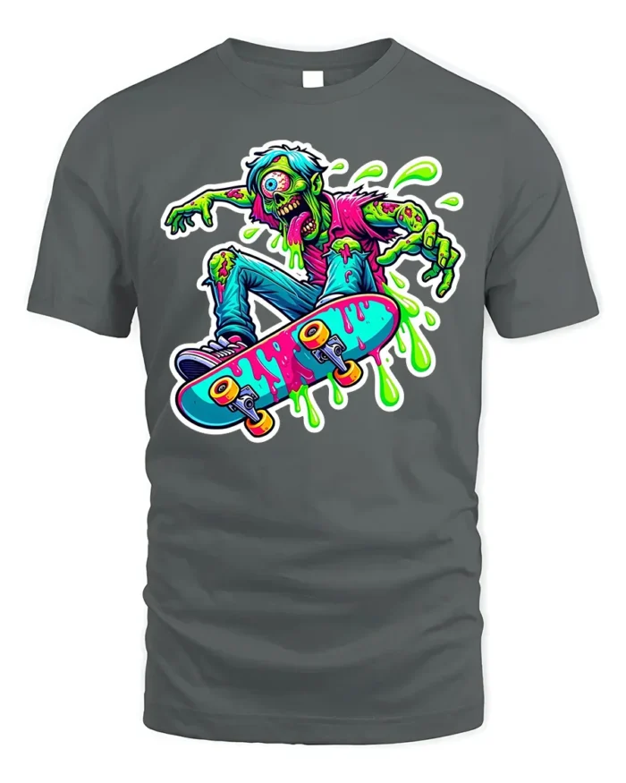 Zombie Skater T-Shirt with Neon Colors and Slime Graphic - gray t-shirt on white background