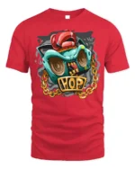 Hip Hop Boombox Graphic T-Shirt with Gold Chain Art - red t-shirt on white background