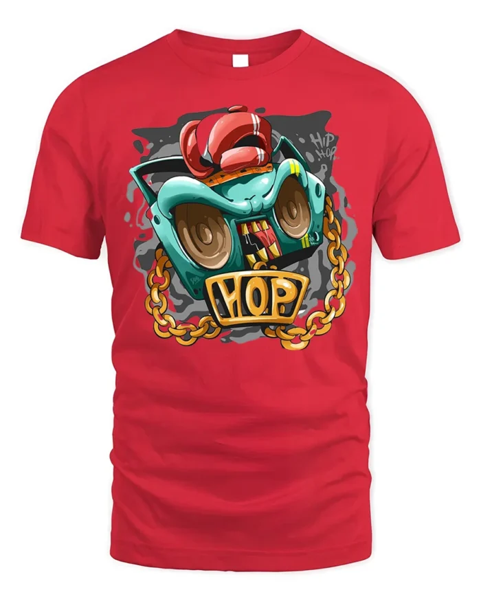 Hip Hop Boombox Graphic T-Shirt with Gold Chain Art - red t-shirt on white background