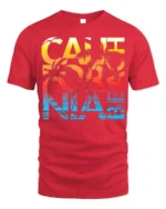 California Beach Sunset T-Shirt with Palm Tree Graphic - red t-shirt on white background