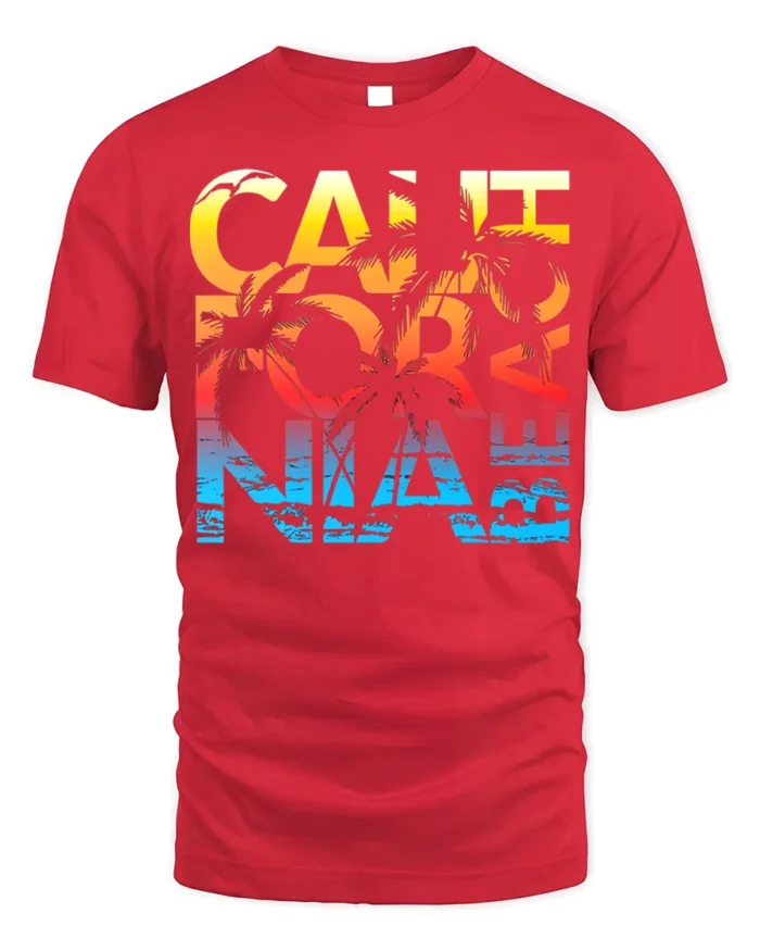 California Beach Sunset T-Shirt with Palm Tree Graphic - red t-shirt on white background