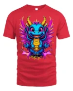 Cute Neon Baby Dragon T-Shirt with Colorful Wings Art - red t-shirt on white background