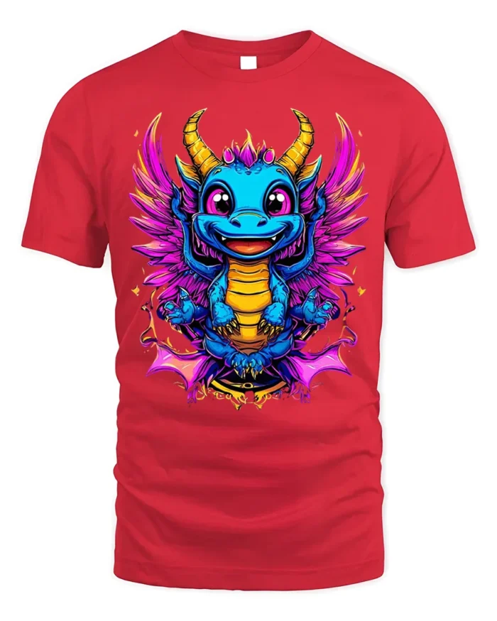 Cute Neon Baby Dragon T-Shirt with Colorful Wings Art - red t-shirt on white background