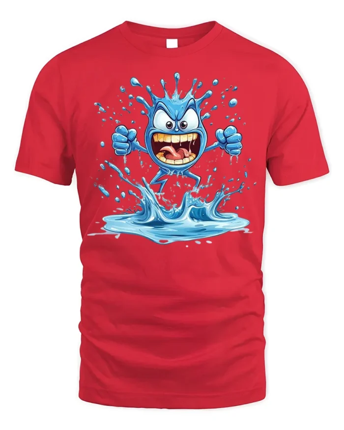 Crazy Splash Water Monster Cartoon Graphic T-Shirt Funny - red t-shirt on white background