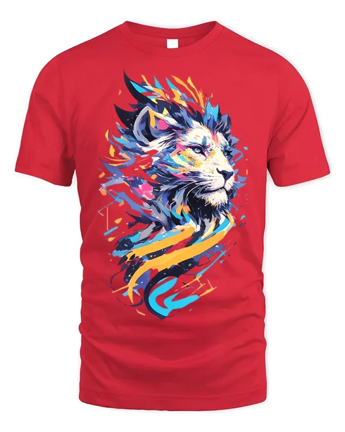 Abstract Neon Lion T-Shirt for Men Women Bold Art Print - red t-shirt on white background