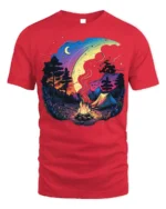 Colorful Night Camping T-Shirt with Moon and Campfire Art - red t-shirt on white background