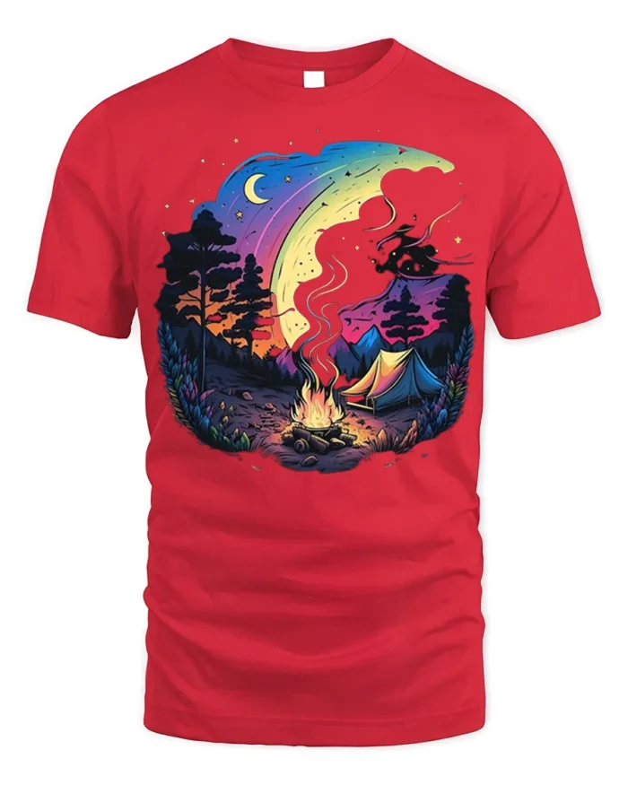 Colorful Night Camping T-Shirt with Moon and Campfire Art - red t-shirt on white background