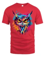 Color Splash Owl T-Shirt with Vibrant Artistic Design - red t-shirt on white background