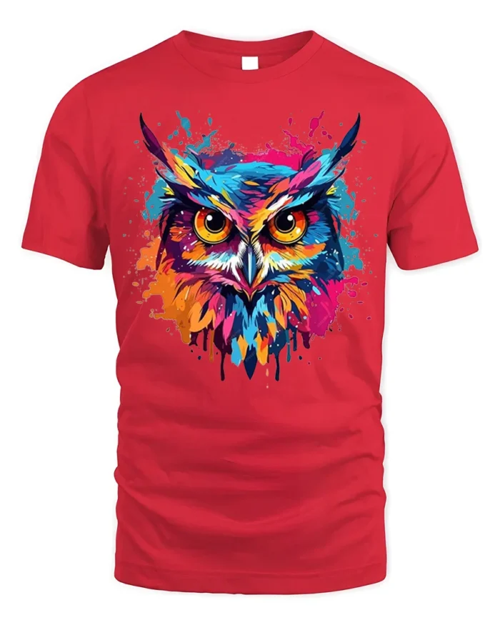 Color Splash Owl T-Shirt with Vibrant Artistic Design - red t-shirt on white background