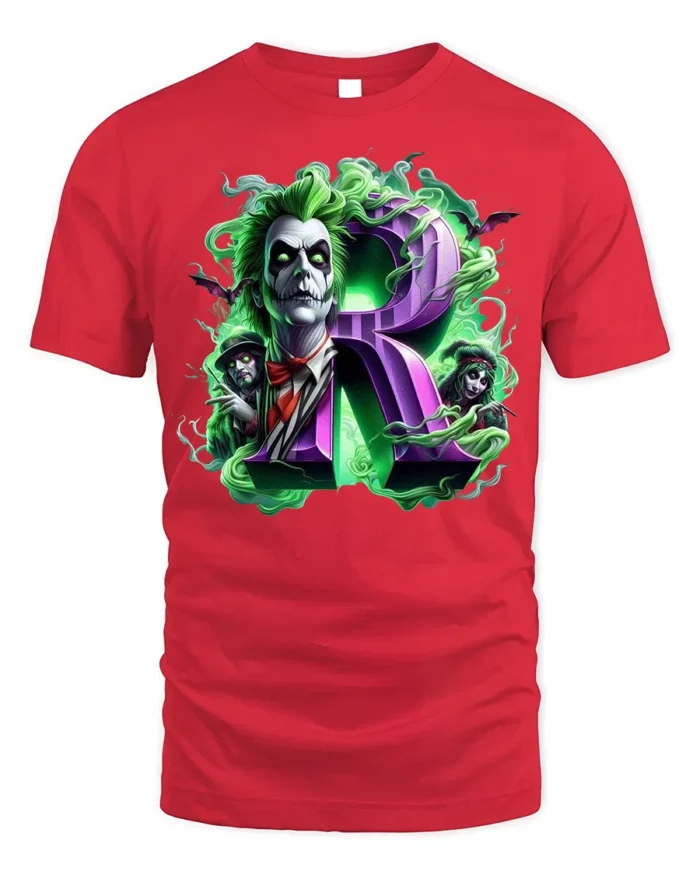 Green Haired Gothic Clown T-Shirt with Purple R Horror Art - red t-shirt on white background