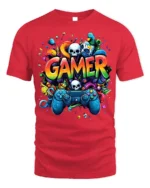 Colorful Gamer T-Shirt with Controller and Skull Graphics - red t-shirt on white background
