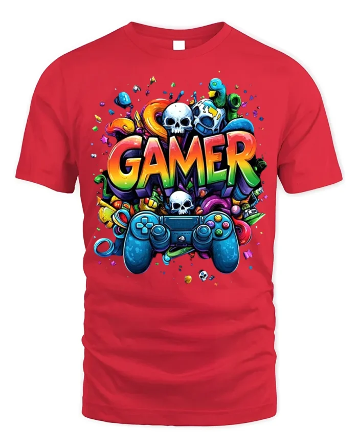 Colorful Gamer T-Shirt with Controller and Skull Graphics - red t-shirt on white background