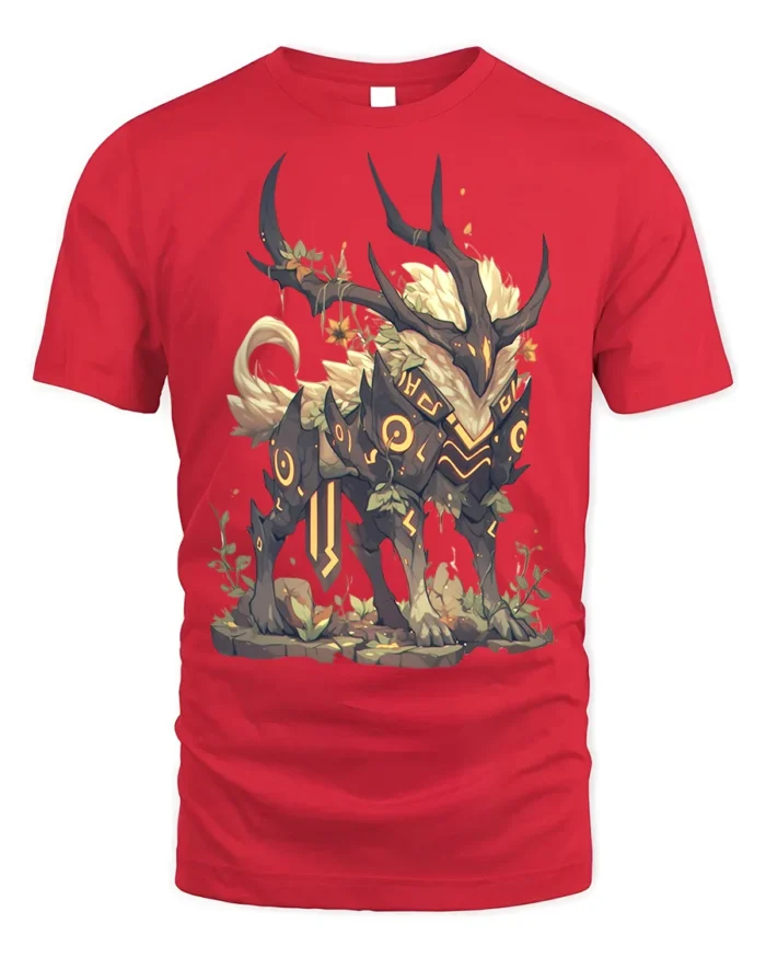Mythic Forest Guardian Creature T-Shirt for Fantasy Lovers - red t-shirt on white background