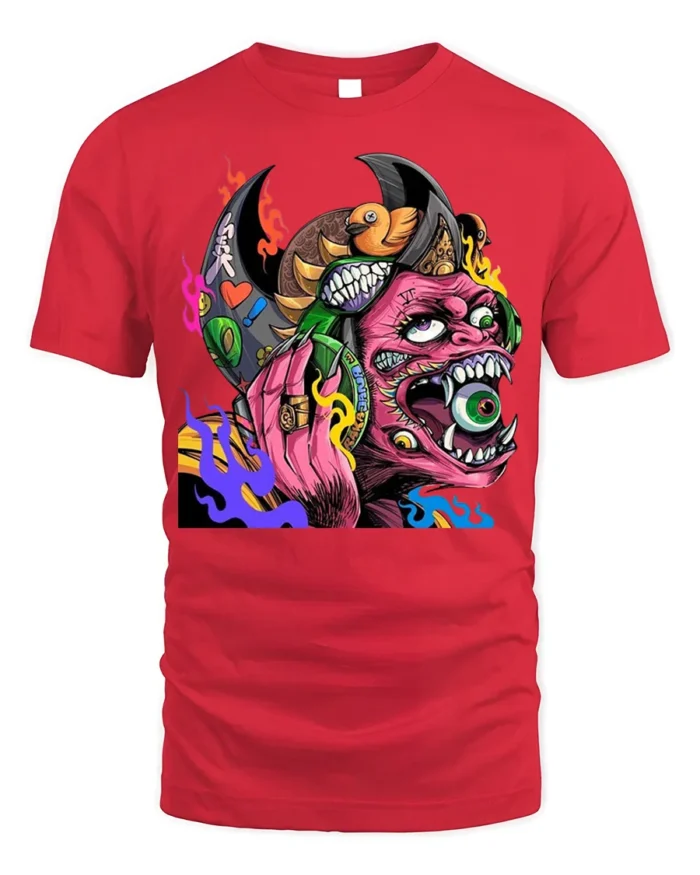 Psychedelic Monster T-Shirt with Eye-Popping Demon Art - red t-shirt on white background
