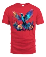 Vibrant Hummingbird and Flowers T-Shirt for Nature Lovers - red t-shirt on white background