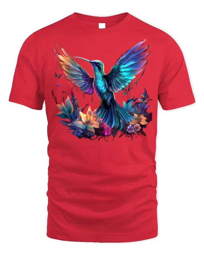 Vibrant Hummingbird and Flowers T-Shirt for Nature Lovers - red t-shirt on white background