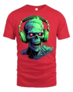 Neon Zombie Skull T-Shirt with Headphones Horror Design - red t-shirt on white background