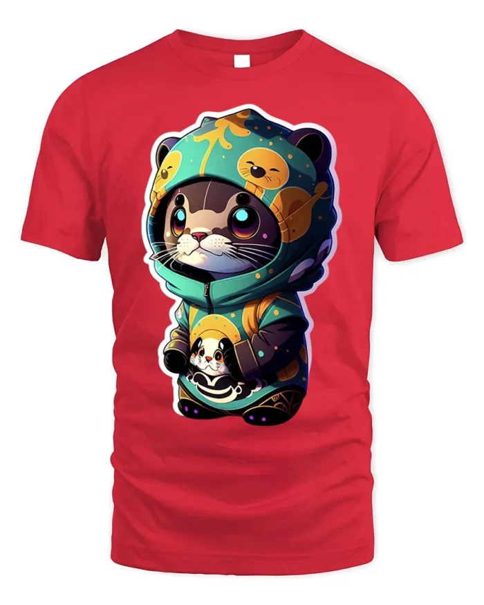 Cute Otter Hoodie T-Shirt with Cartoon Kawaii Animal Art - red t-shirt on white background