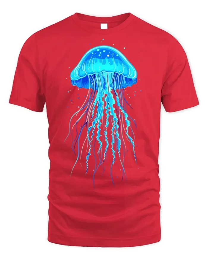 Glowing Blue Jellyfish T-Shirt for Ocean and Sea Lovers - red t-shirt on white background