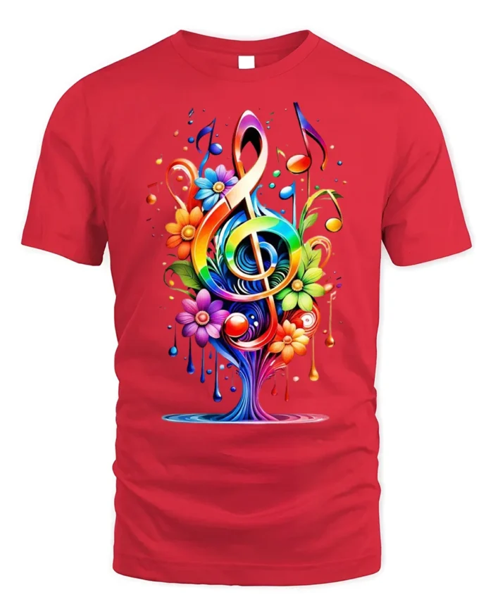 Rainbow Music Tree T-Shirt with Colorful Floral Notes - red t-shirt on white background