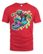 Zombie Skater T-Shirt with Neon Colors and Slime Graphic - red t-shirt on white background