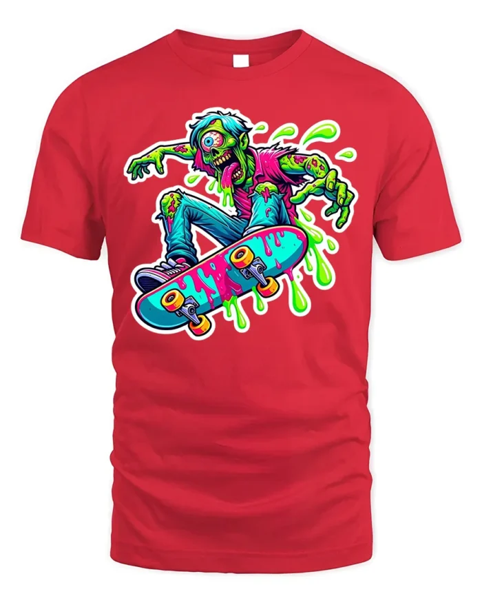 Zombie Skater T-Shirt with Neon Colors and Slime Graphic - red t-shirt on white background