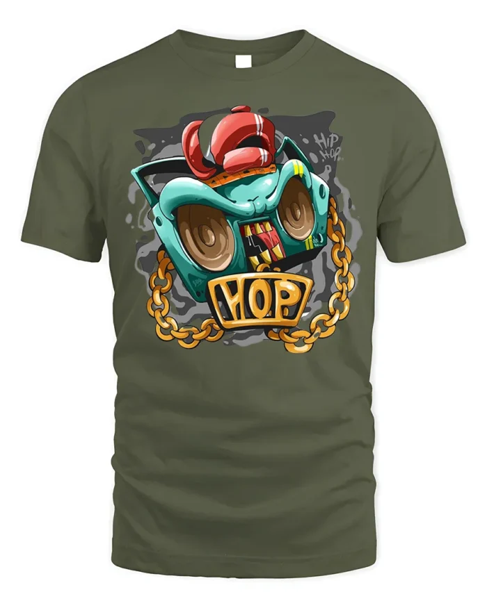 Hip Hop Boombox Graphic T-Shirt with Gold Chain Art - military green t-shirt on white background
