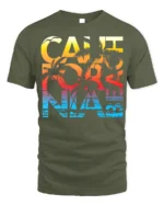 California Beach Sunset T-Shirt with Palm Tree Graphic - military green t-shirt on white background